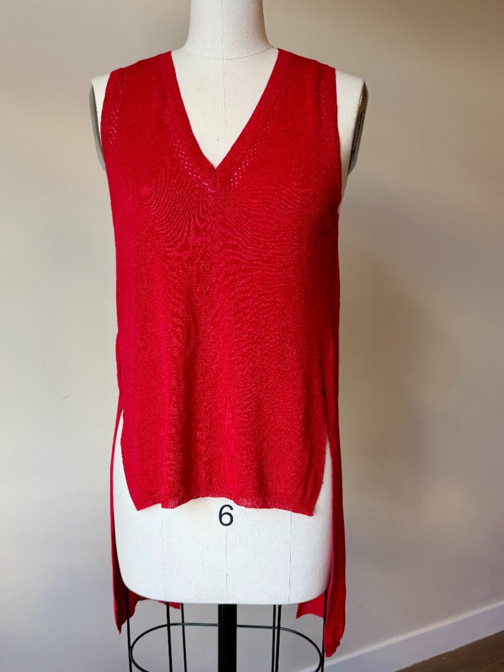 Proenza Schouler Red Knit Vest Top | Linen Blend | V-Neck | High Low Hem | S